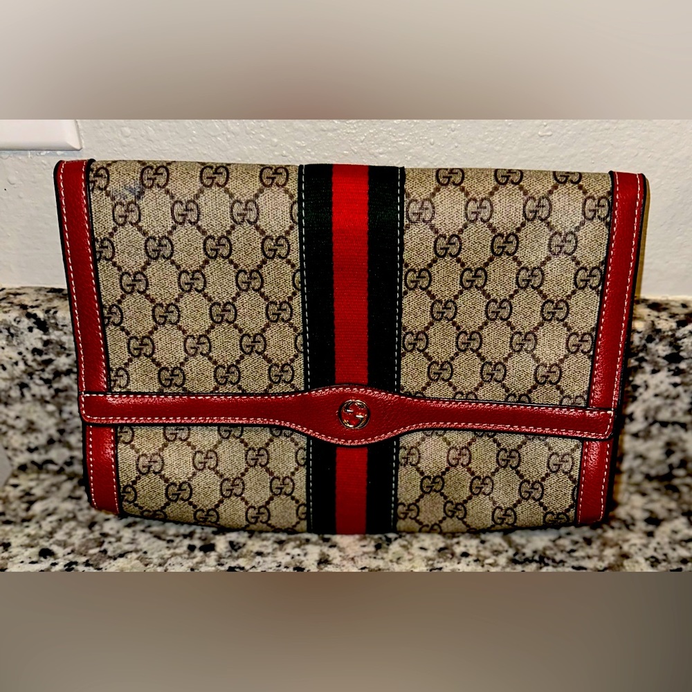 GUCCI GG Canvas Sherry Line Clutch Bag PVC Leather Red